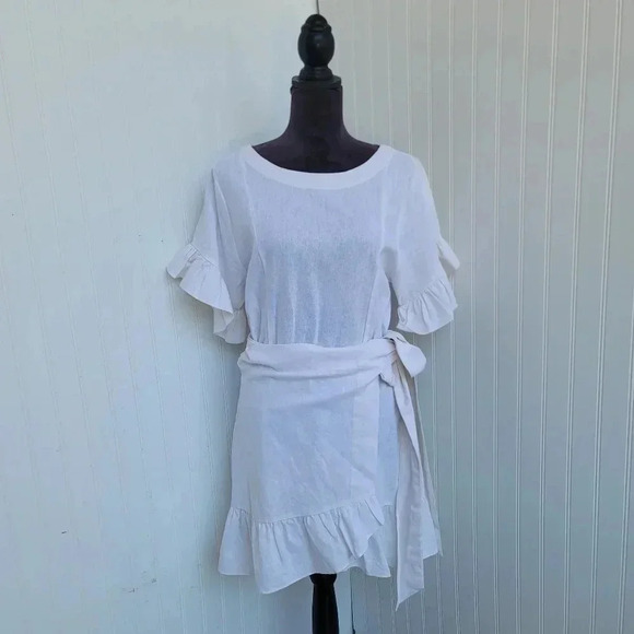 NWT Socialite Ruffle Flare Wrap Tie Linen Blend Dress Women Stylish Ivoy Sz M - Picture 1 of 13